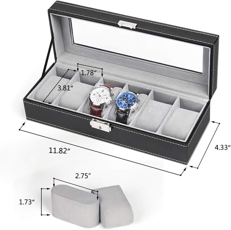 NEX 6 Slots Watch Box Organizer for Men, Black Watch Holder Stand Display Storage Case - Image 2